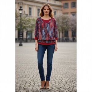 Northern reflections, red and blue floral abstract blouse size XL petite